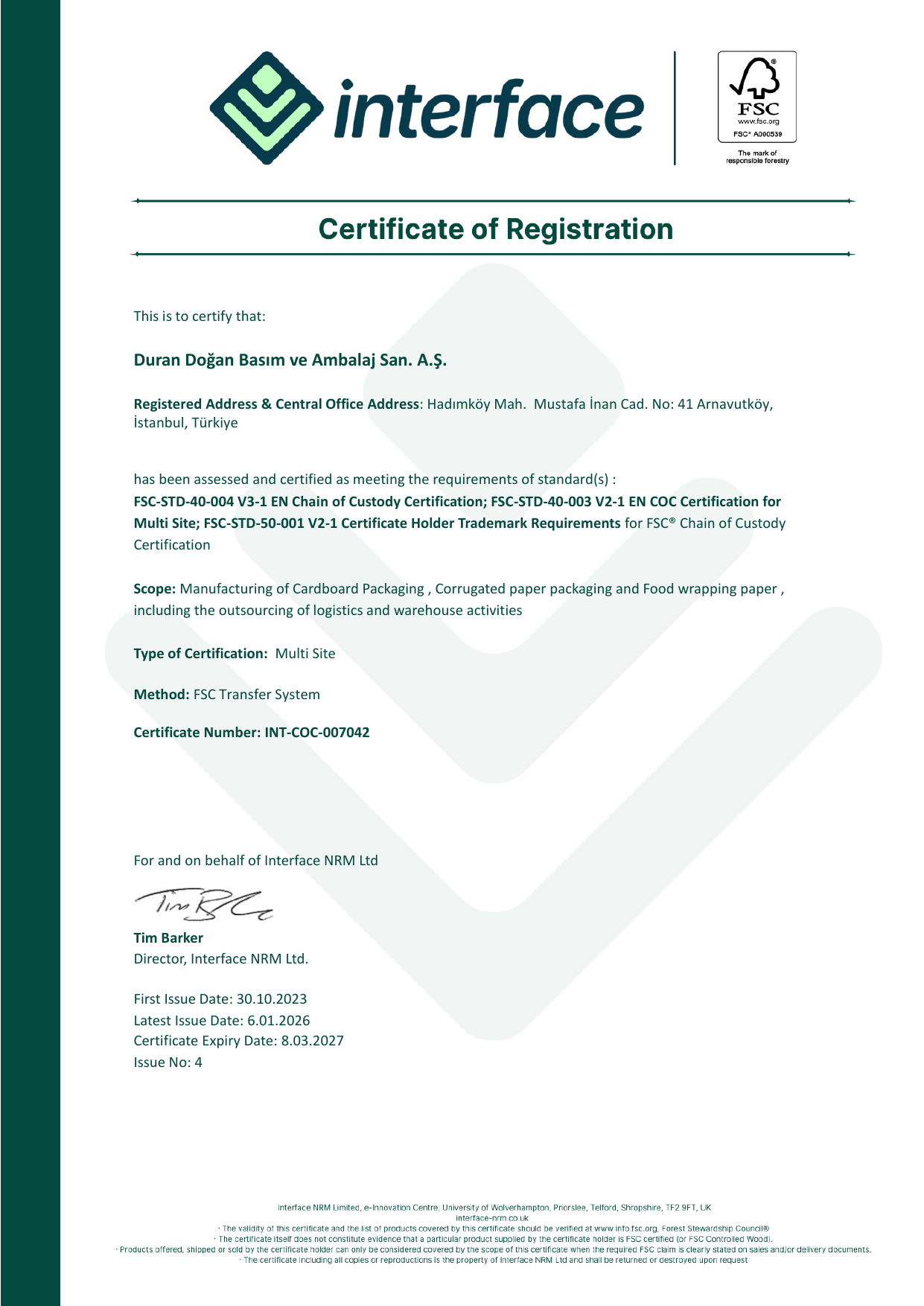 FSC® Chain of Custody sertifikası