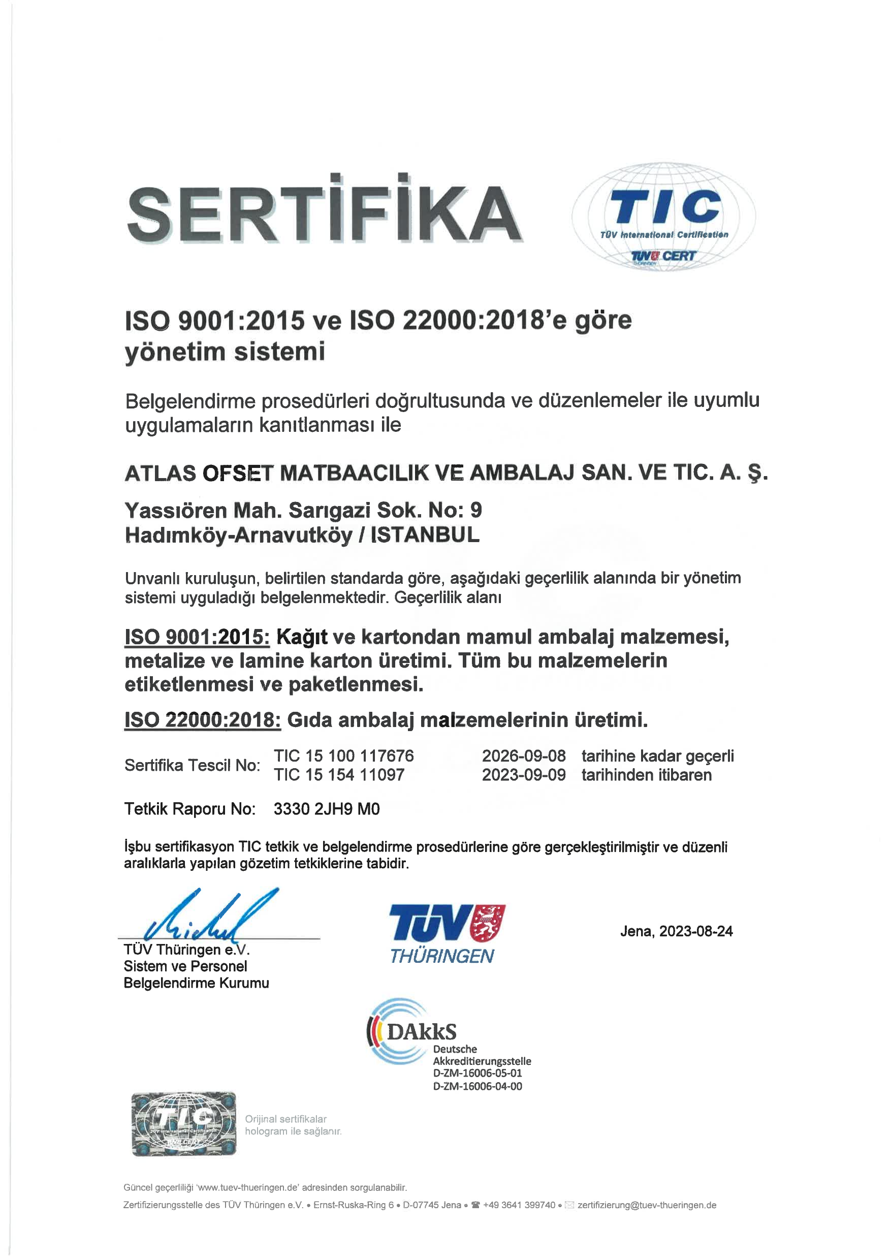 ISO 9001 & ISO 22000 sertifikası